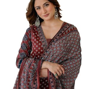 Collections arayna women’s 100% pure cotton printed ethnic suit | a line kurta set with pant & dupatta